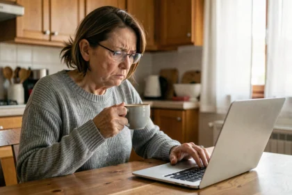 Femme mature scrutant un écran d'ordinateur portable avec scepticisme pour détecter un faux profil de rencontre en ligne