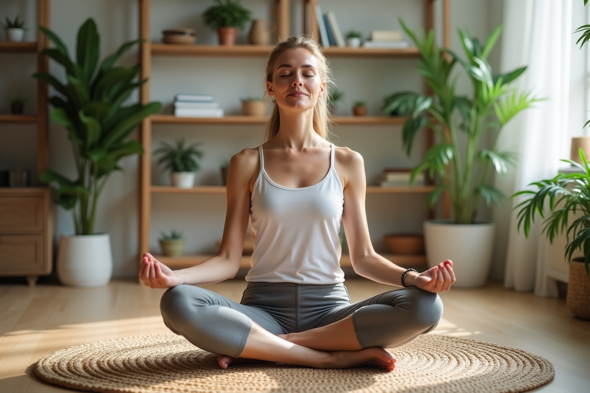Femme méditant en intérieur dans un salon lumineux