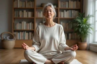 Femme méditant dans un salon minimaliste calme