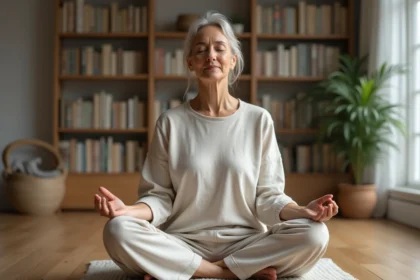 Femme méditant dans un salon minimaliste calme