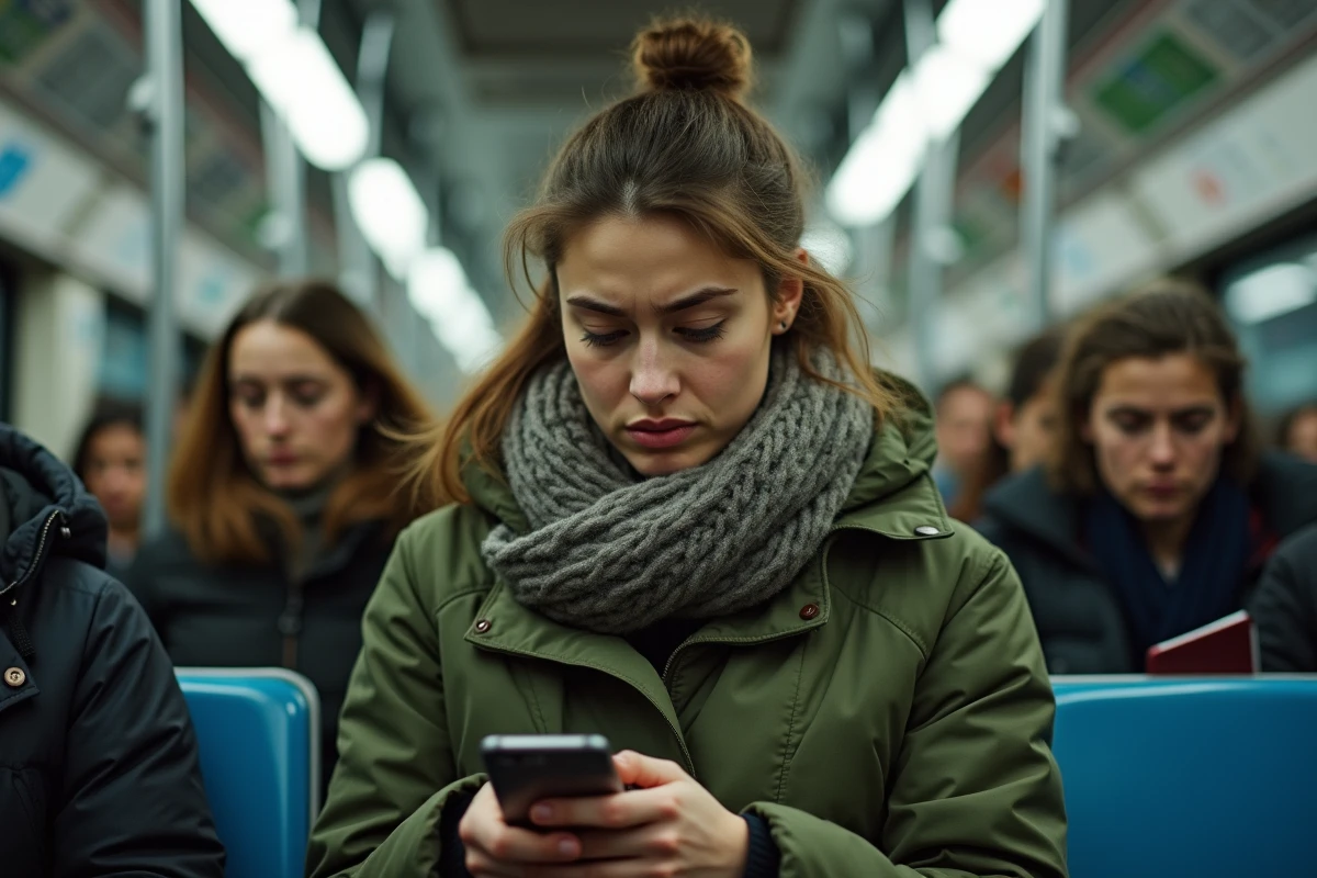 Jeune femme dans le métro regardant son téléphone et une contravention