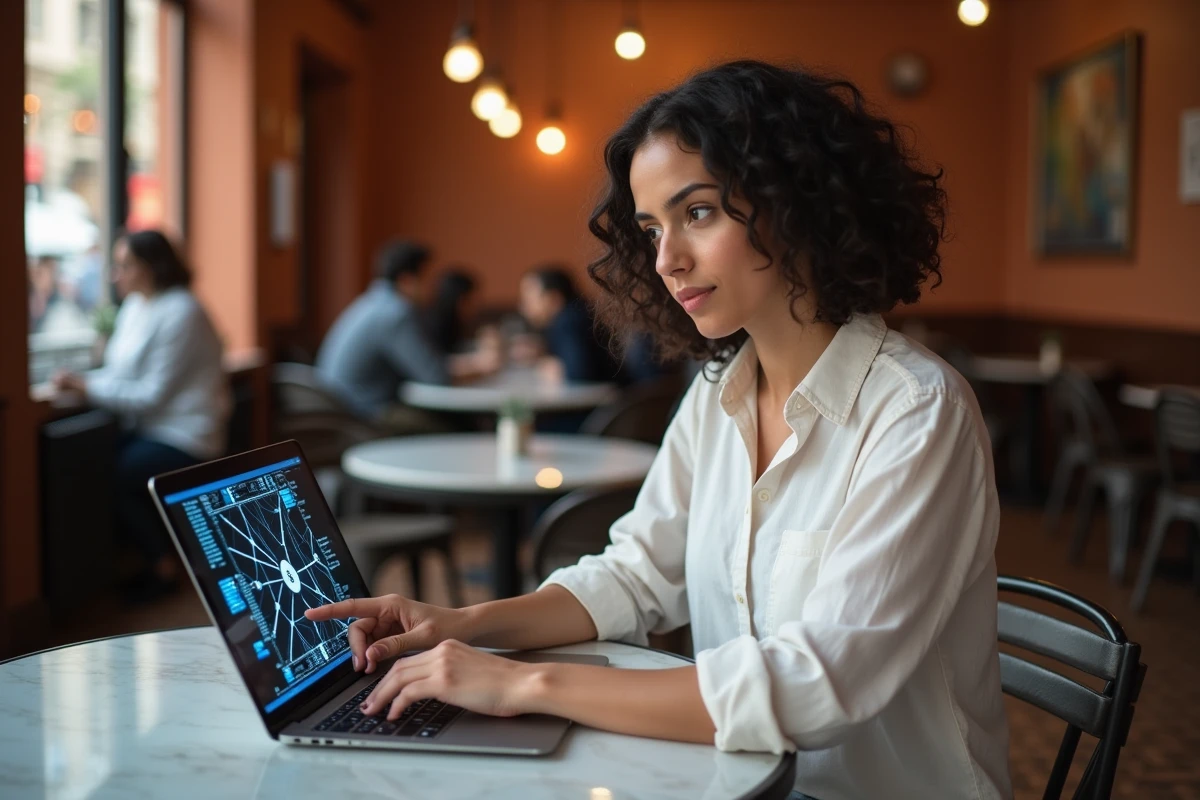 Femme consultant un schéma de miroirs de sites web et redirections sur un ordinateur portable dans un café urbain