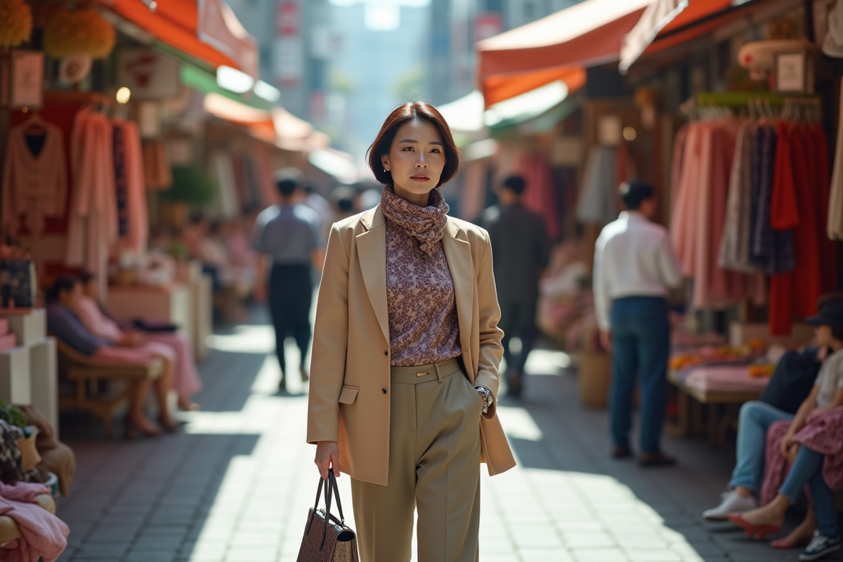 Femme asiatique élégante dans un marché de Tokyo en plein air