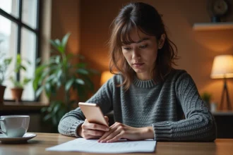 Femme concentrée tapant son mot de passe sur une application de mots croisés type CodyCross sur smartphone