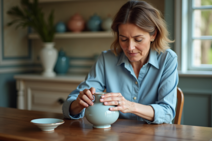 Femme en blouse bleue nettoyant un vase enamel Longwy