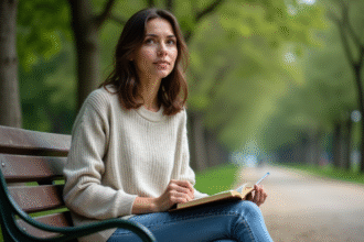 Femme assise sur un banc de parc en réflexion
