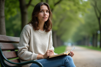 Femme assise sur un banc de parc en réflexion