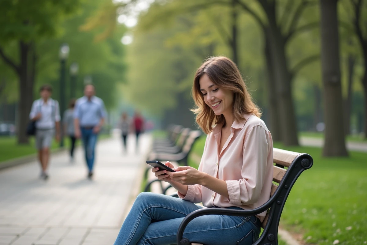 Femme assise sur un banc de parc utilisant son téléphone