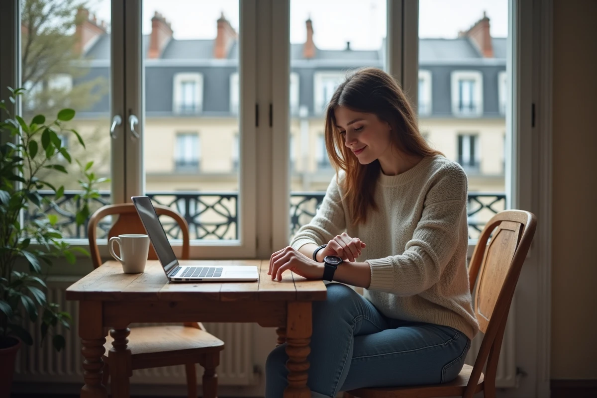 Jeune femme regardant sa montre dans un appartement parisien