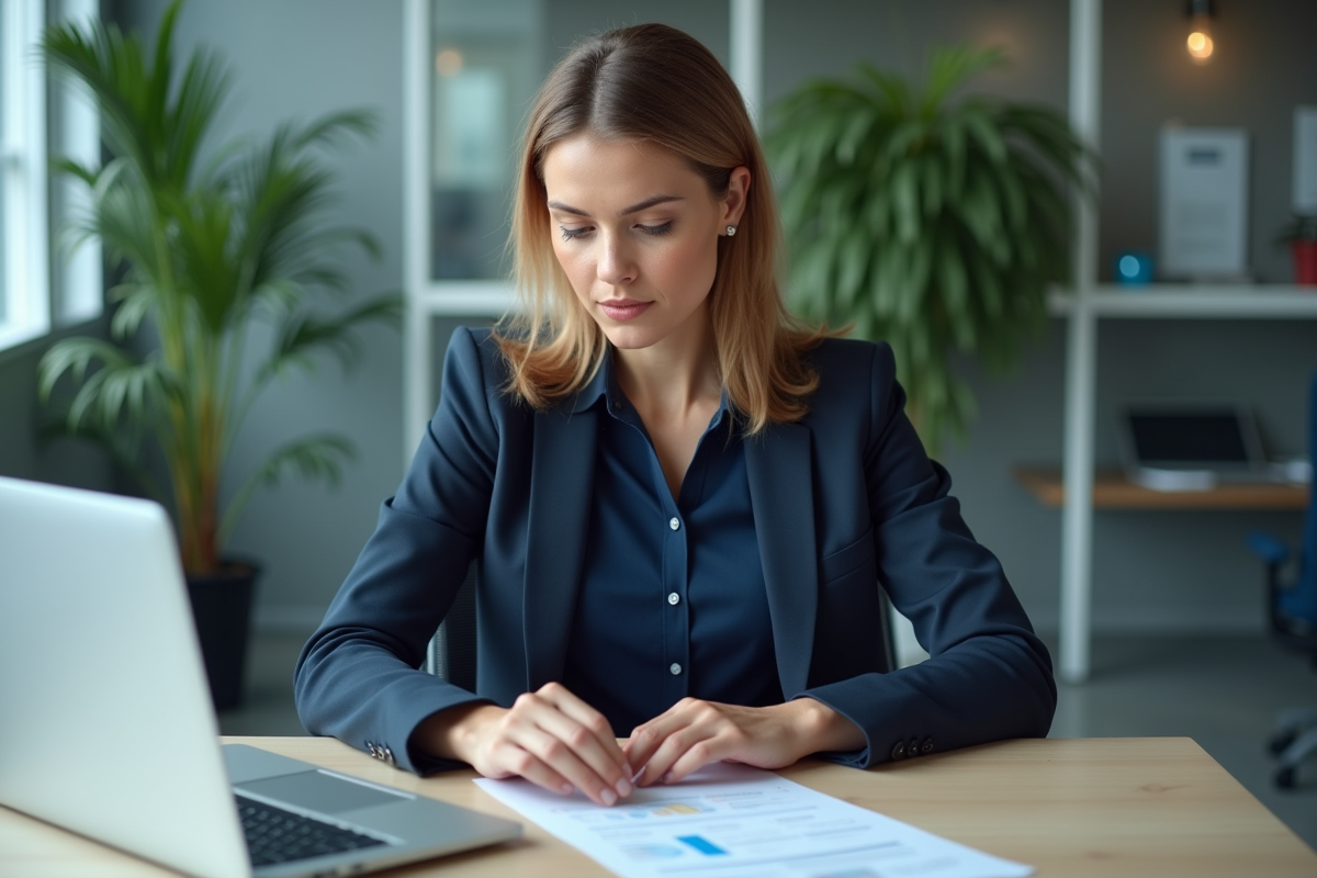 Femme professionnelle comparant logiciel de paie au bureau