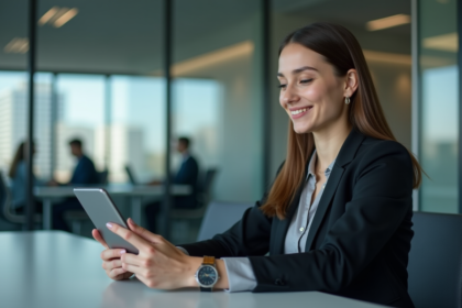 Femme professionnelle utilisant tablette et smartphone au bureau