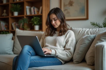 Femme détendue sur un sofa en regardant un ordinateur portable