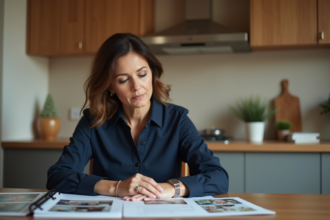 Femme d'âge moyen examinant documents et photos de famille