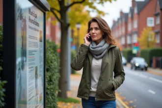 Femme debout près d'un panneau d'information municipale