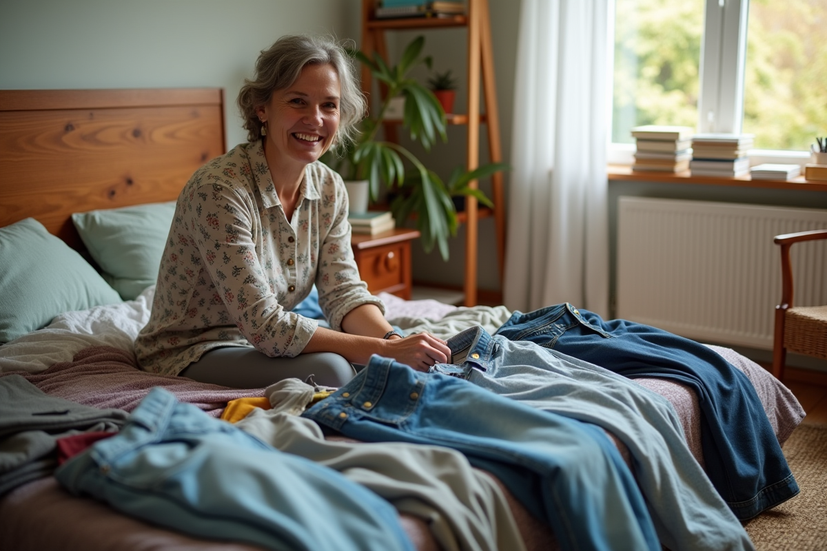 Femme souriante examinant des vêtements dans sa chambre lumineuse