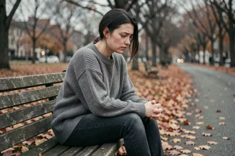 Femme seule sur un banc de parc en automne, regard vide et larmes retenues, illustrant la douleur de la trahison amoureuse
