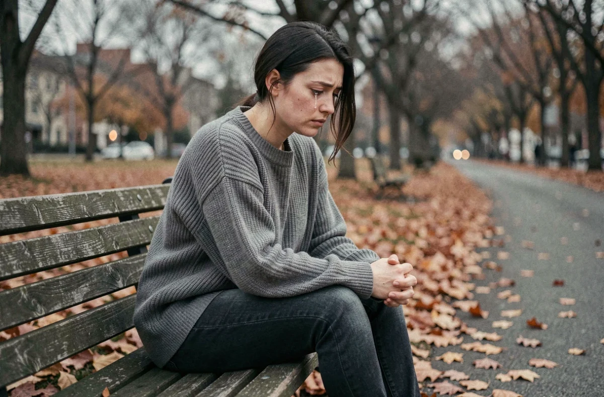 Femme seule sur un banc de parc en automne, regard vide et larmes retenues, illustrant la douleur de la trahison amoureuse