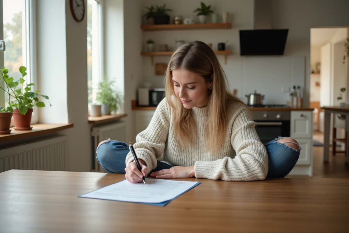 Femme signant un contrat de location dans une cuisine lumineuse