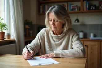 Femme signant un document dans une cuisine lumineuse