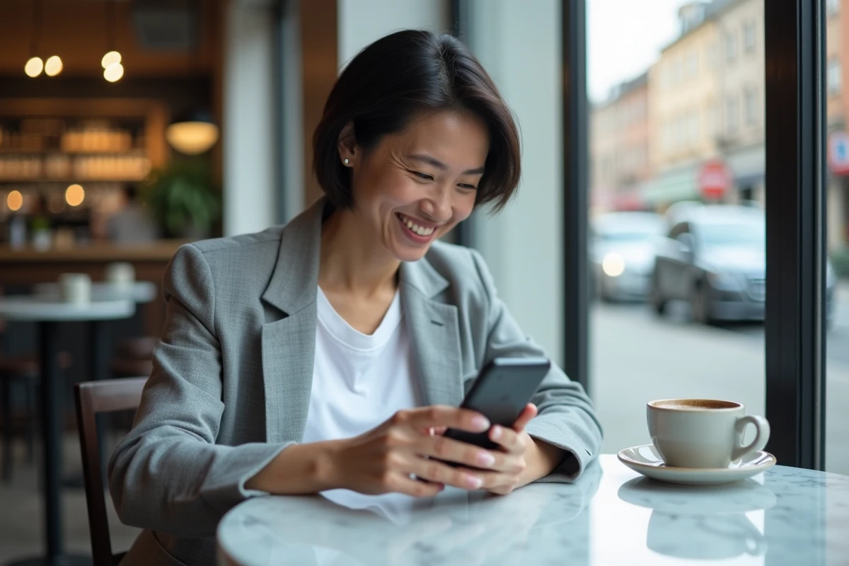Femme souriante consultant un fil d'actualités sur smartphone dans un café urbain élégant avec vue sur la rue