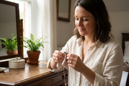 Femme appliquant des soins sur ses bijoux précieux