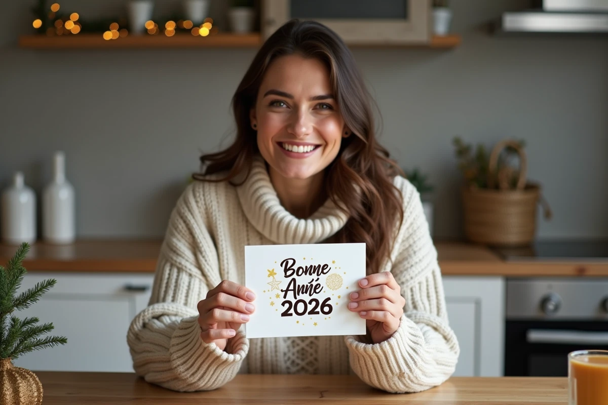 Femme souriante tenant une carte de bonne année 2026