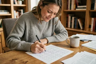 Femme concentrée résolvant une grille sudoku à son bureau en bois avec un café, illustration d'un casse-tête de logique en ligne