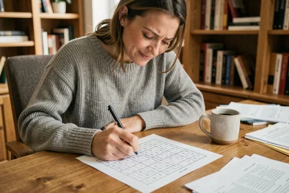 Femme concentrée résolvant une grille sudoku à son bureau en bois avec un café, illustration d'un casse-tête de logique en ligne