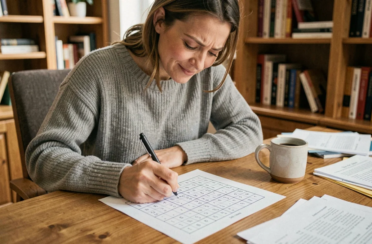 Femme concentrée résolvant une grille sudoku à son bureau en bois avec un café, illustration d'un casse-tête de logique en ligne