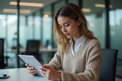 Femme concentrée utilisant une tablette dans un bureau moderne