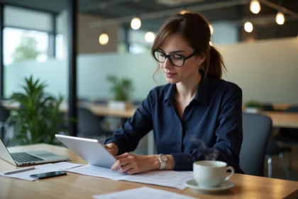 Femme en blouse navy vérifiant des données sur une tablette