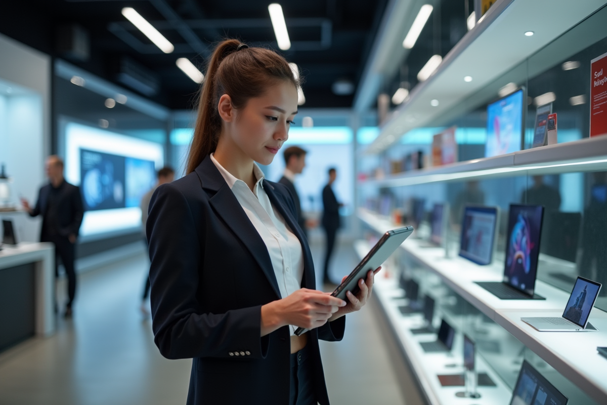 Jeune femme en business reviewant un inventaire dans un magasin futuriste