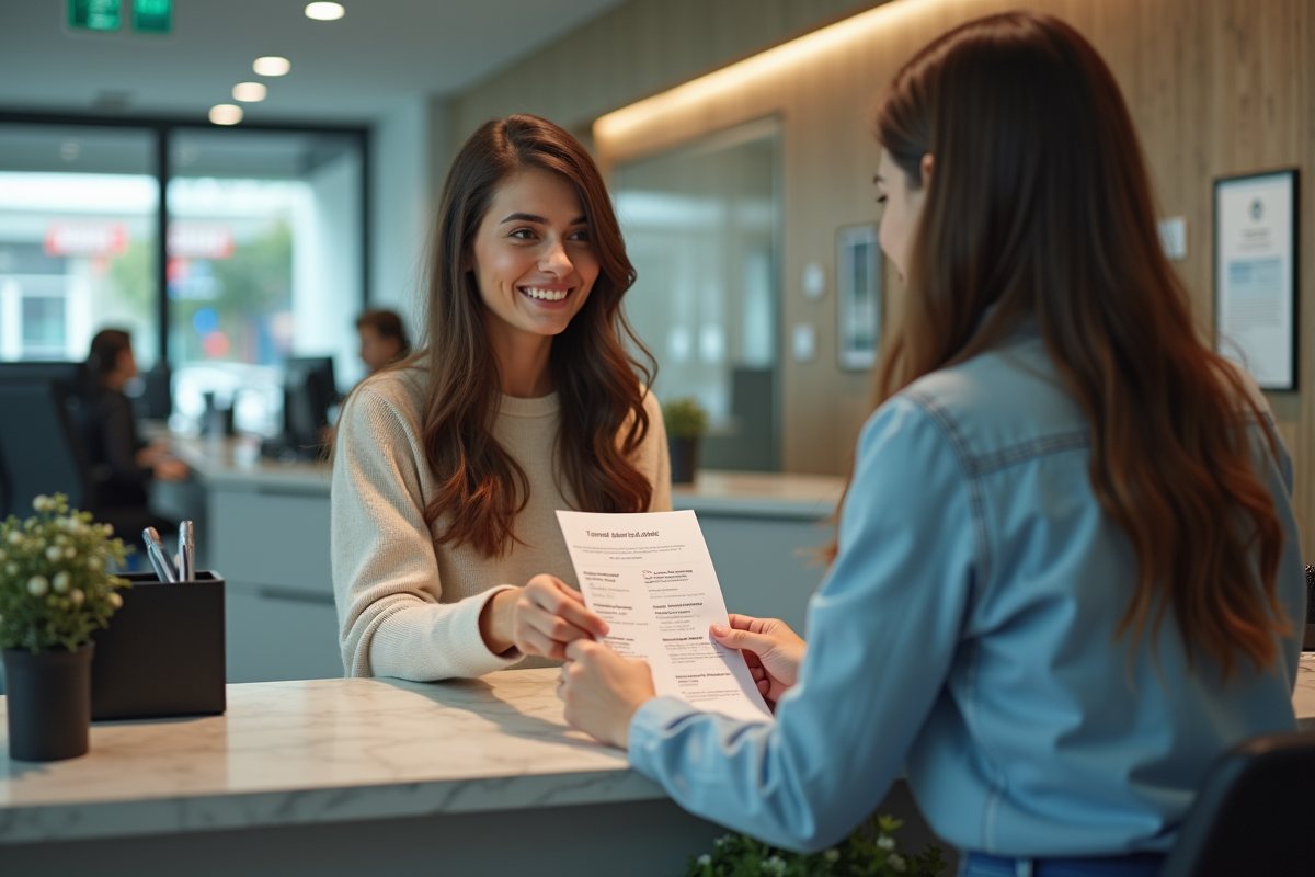 Femme déposant ses papiers à un guichet bancaire