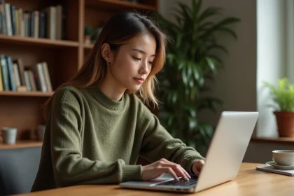 Jeune femme consultant un site de veille d'actualités sur son ordinateur portable dans un bureau à domicile moderne