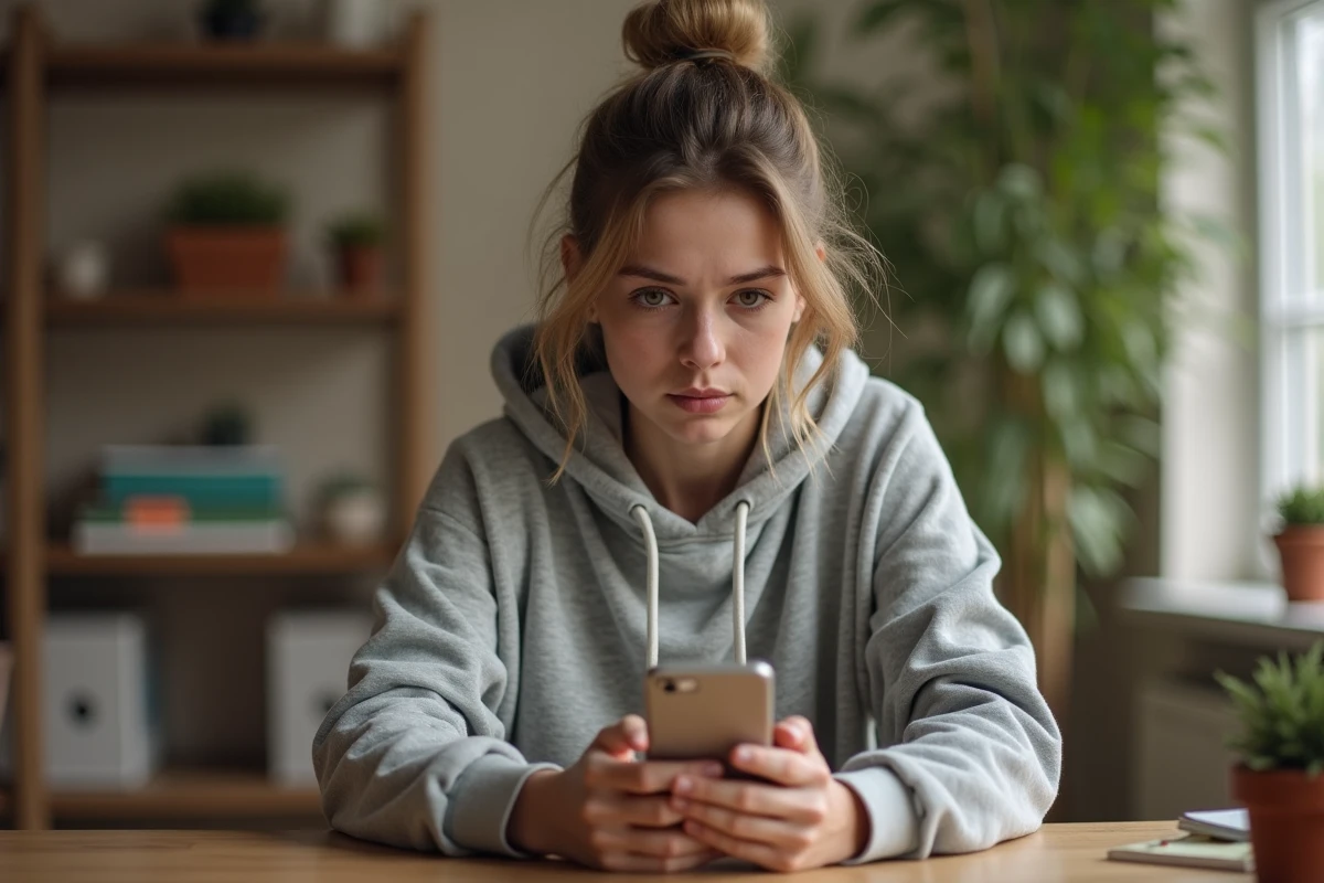 Jeune femme méfiante qui vérifie un lien sur son smartphone à son bureau à domicile