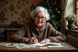 Femme âgée écrivant une carte de Noël vintage chaleureusement