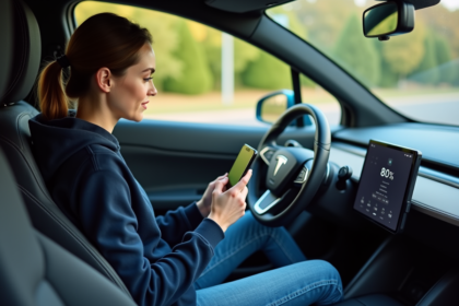 Femme dans une voiture électrique regarde son smartphone