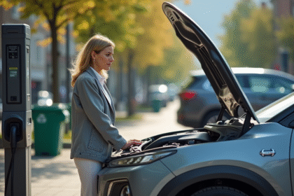 Femme d'âge moyen étudie une voiture hybride électrique