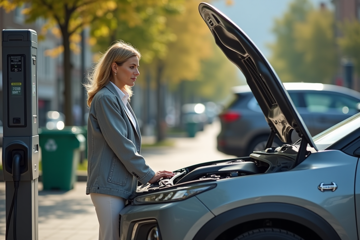 Femme d'âge moyen étudie une voiture hybride électrique
