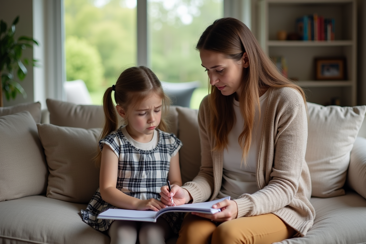 Fille de 9 ans avec une adulte dans un salon chaleureux