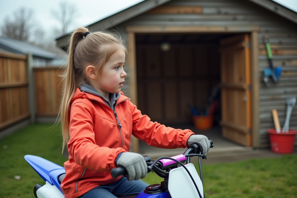 Jeune fille inspectant un dirt bike dans le jardin