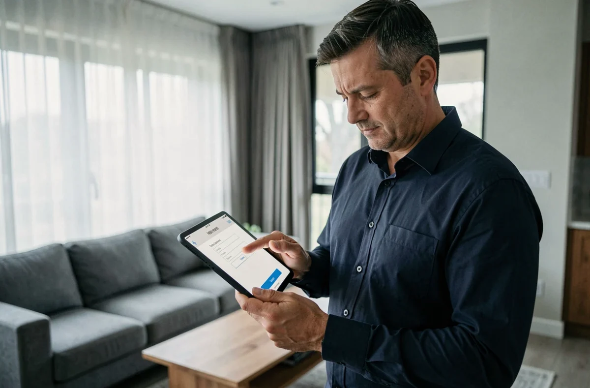 Homme consultant le formulaire de contact en ligne du service client AliExpress sur une tablette dans son salon moderne