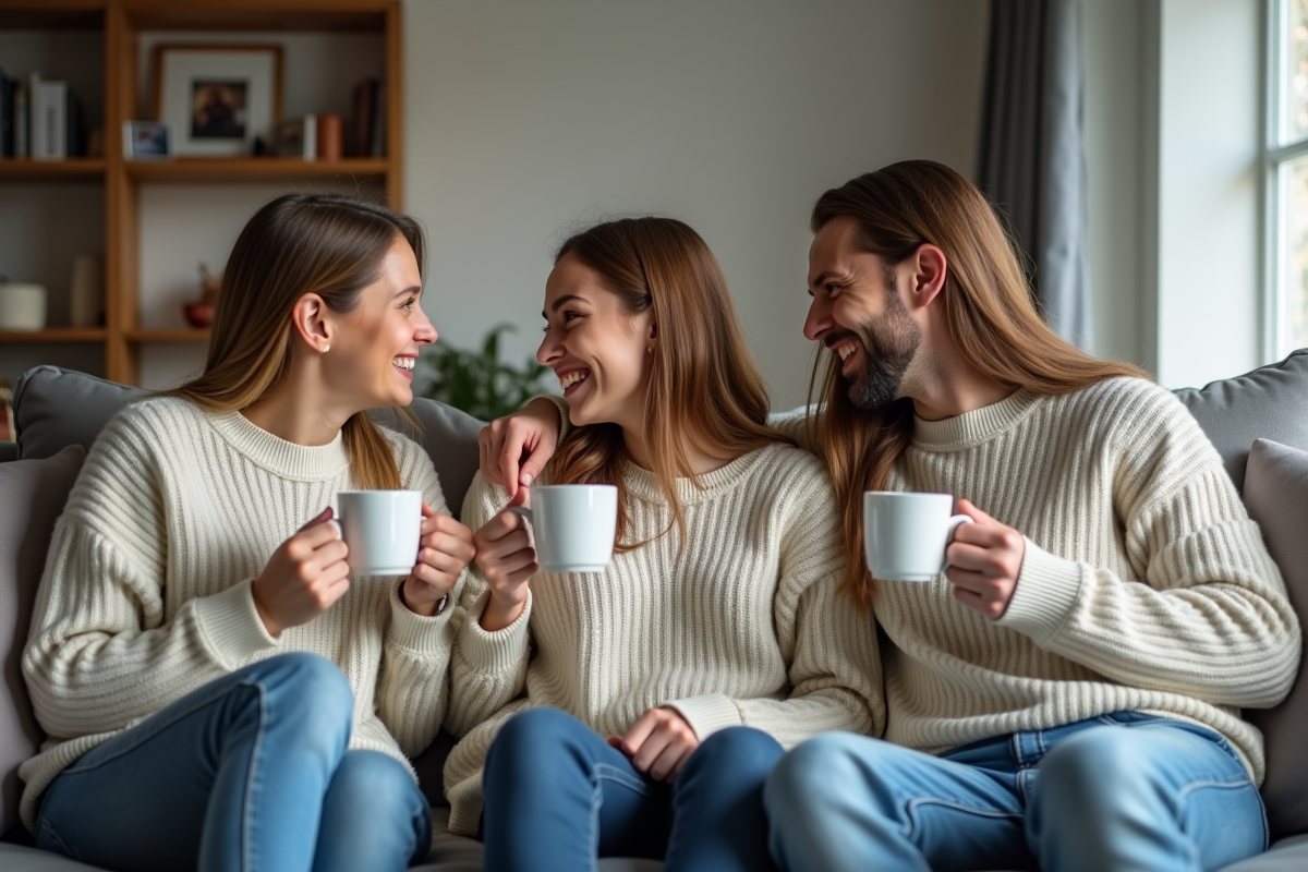 Trois frères et sœurs discutant dans un salon chaleureux