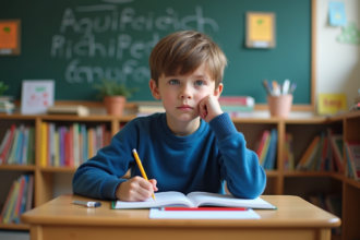 Garçon de 10 ans concentré à son bureau scolaire