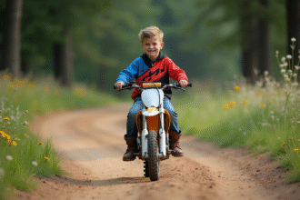 Garçon souriant en motocross avec casque et vélo