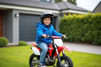Garçon de 6 ans en motocross bleu avec casque et vélo