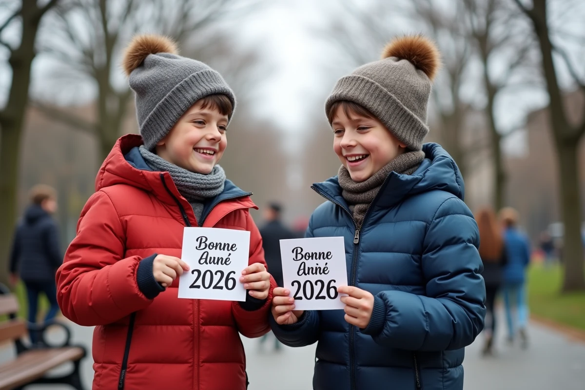 Deux garcons échangeant des cartes de bonne année dans un parc