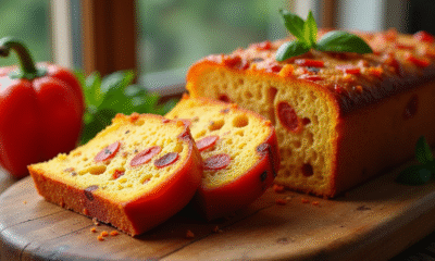 Gâteau salé au poivron et chorizo tranché sur planche en bois