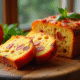 Gâteau salé au poivron et chorizo tranché sur planche en bois