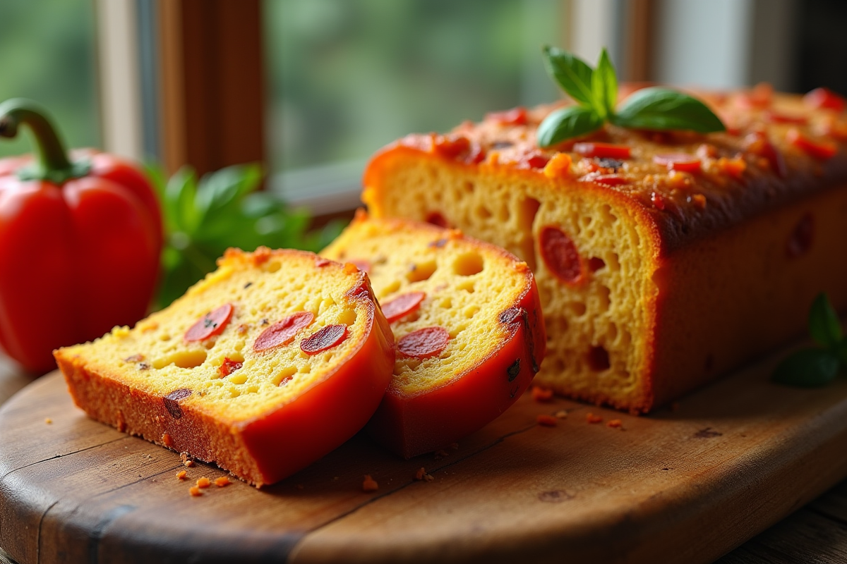 Gâteau salé au poivron et chorizo tranché sur planche en bois
